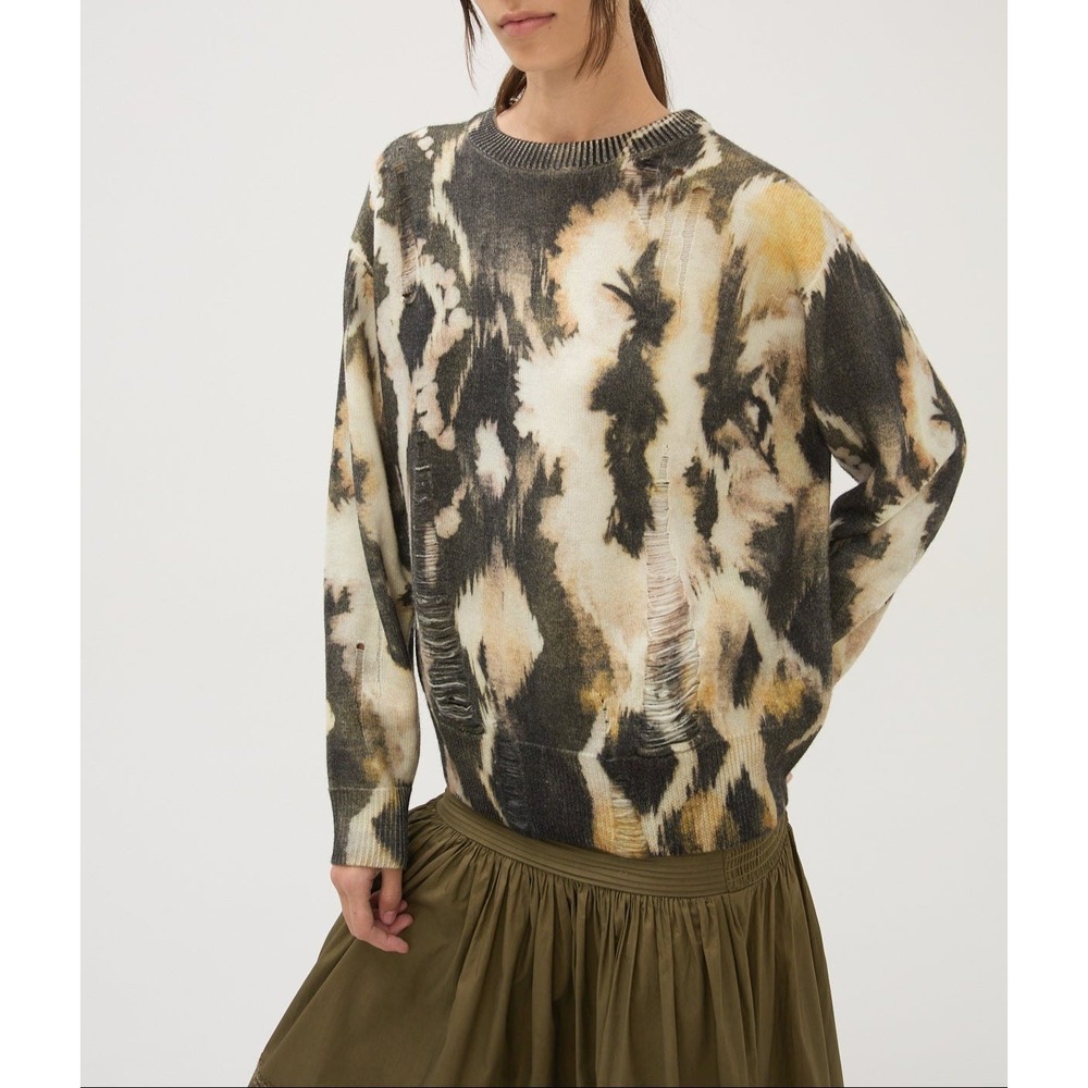 Maria Cher Womens 100% Merino Wool Distressed Abstract Crewneck Sweater Large
